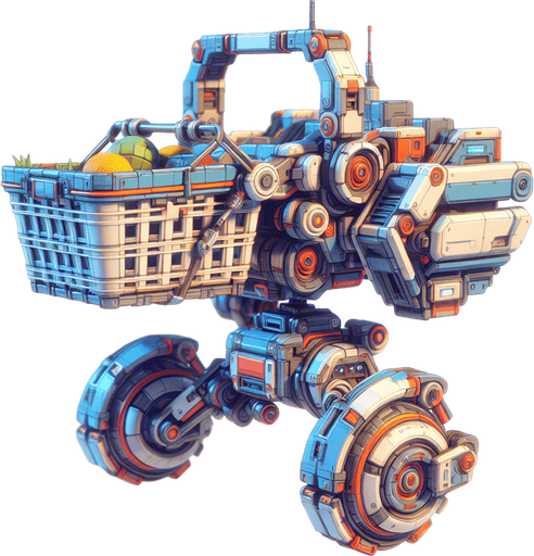 a robotic basket with high contrast.
Single Game Texture.  In-Game asset.  2d.  Blank background.  High contrast.  No shadows
