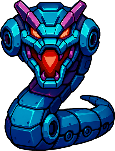 different big cyber snake Robot enemy from the front side facing camera. HD colors. separated
In-Game asset.  2d.  High contrast.  No shadows