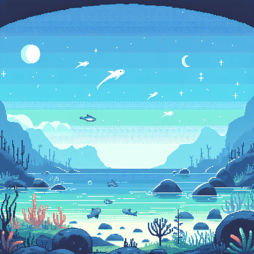 32 bit image anime style of beautyfull quite empty under sea water.
Single Game Texture.  In-Game asset.  2d.  Blank background.  High contrast.  No shadows