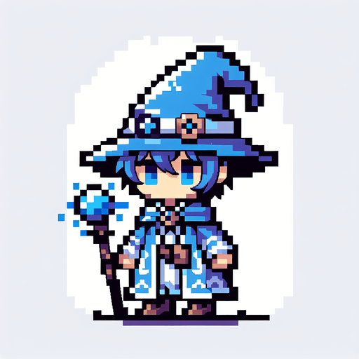 blue chibi mage 8 bit image.
Single Game Texture.  In-Game asset.  2d.  Blank background.  High contrast.  No shadows