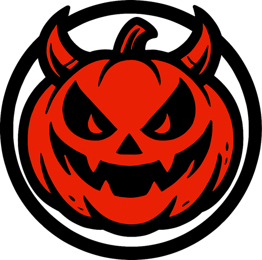 yuvarlak bir çerçevenin içerisinde şeytan kulaklı gülümseyen balkabağı kırmızı.
In-Game asset.  2d.  High contrast.  No shadows