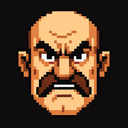 boss bald moustache angry head pixel art 2d..
In-Game asset.  2d.  High contrast.  No shadows