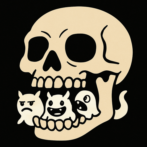 cabeza de esqueleto con montruos blancos en la boca.
In-Game asset.  2d.  High contrast.  No shadows