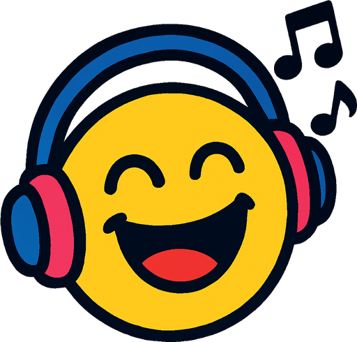 müzik dinleyen neşeli surat.
In-Game asset.  2d.  High contrast.  No shadows