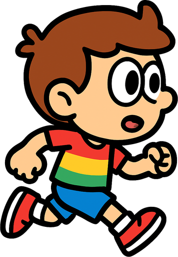 The character is a small 2D cartoon-style human with a big head and simple features. They have large eyes, a small mouth, and wear a colorful T-shirt, shorts, and sneakers. The colors are bright and friendly to make the character look playful and fun. The game is shown from a side view, so the character is always seen from the side. Only provide the running sprite, showing the character moving with simple leg and arm movements..
In-Game asset.  2d.  High contrast.  No shadows