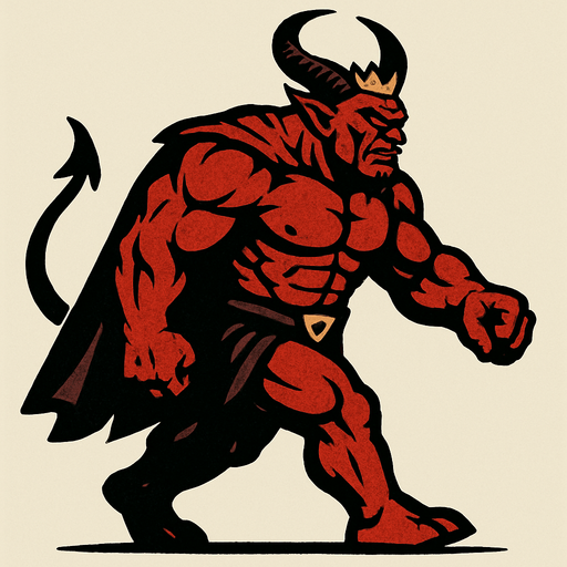 güçlü ve iri yapılı şeytan kral sağdan sola yürüyormuş gibi.
In-Game asset.  2d.  High contrast.  No shadows