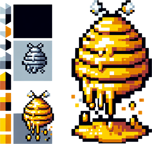 pixelart.a large yellow beehive hanging in the air, dripping from honey..
Single Game Texture. In-Game asset. 2d. Blank background. High contrast. No shadows.