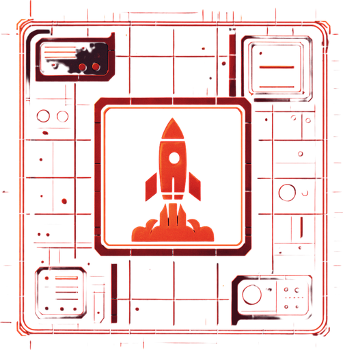 2D Top floor of tower facing the screen to use it as a grid. future. Cyberpunk. abstract. seen from above. HD colors. No Diagonal assets. Red color. Big logo of a Fired rocket on the middle of it.