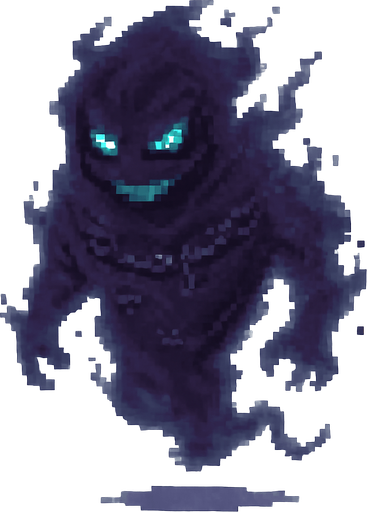 Create a pixel-art ghostly character based on the Turkish folklore concept of a "cin" (djinn). The character should have a semi-transparent, smoky body with ethereal, shifting edges. Its face should be menacing, with glowing green or blue eyes and a faint, wicked smile. Add small, broken chains or mystical symbols faintly visible on its body to suggest it was once sealed. It should be levitating, with ghost-like movement and a cursed aura. The color palette should include shades of dark blue, purple, and gray. 2D horror game style, PNG with transparent background, idle or float animation frame..
In-Game asset.  2d.  High contrast.  No shadows