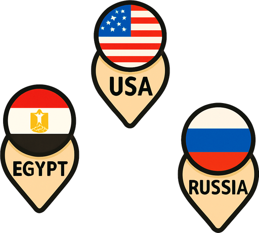 A flat, 2D game UI-style asset showing a vertical set of three country pins labeled: "USA", "Egypt", and "Russia". Each pin includes a circular flag icon above the text label. The layout is columnar, cartoonish, and visually clean. Each pin should be exportable or usable individually for a mobile game's level selection screen..
In-Game asset.  2d.  High contrast.  No shadows