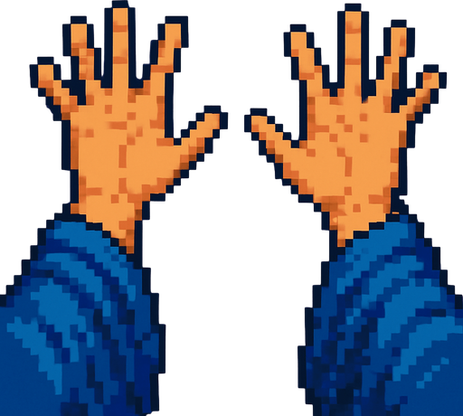 A first person view of set of hands splayed out as if to cast a spell. Facing away. Mystical robes around the wrists.  Pixel art
In-Game asset.  2d.  High contrast.  No shadows