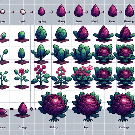 A spritesheet showing a pointed red cabbage plant in various stages of germantion and groth, from seed over sapling, to bloom and to full grown plant, and then the ripe cabbage. The sprites should be laid out in a rectangular grid with blank space between them.. Single Game Texture. In-Game asset. 2d. Blank background. High contrast. No shadows..
Single Game Texture. In-Game asset. 2d. Blank background. High contrast. No shadows.