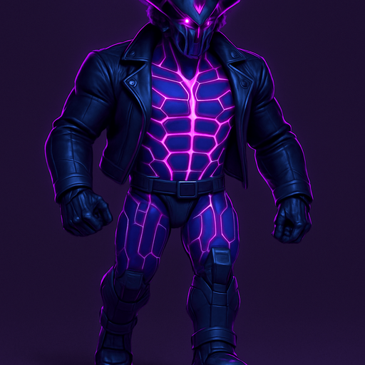 Black leather biker jacket longsleeves bare segmented neon cyberpunk pecs abs muscles robot monster hunk Neon cyberpunk 3d hologram corporate occult demon android mecha robot sentinel guard soldier machine monster fully in frame no part cut off no background anime futuristic Background removed, "Full-body character, entirely in frame, no cropping of face, head, or feet" "Complete character visible, from head to toe, fully centered in the image" "Entire character, including face and boots, fully within the frame" Character fully contained within a square frame, no edges cut off  horns through boots Walking animation