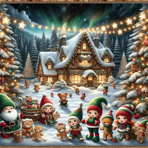 A feerical landscape with santa's house, pines, snow, glowing lights, at night.
In the front, cute elves with gree hats, gingerbread boys, teddy bears, celebrating, but no Santa Clauss in the image. Background image. High contrast. No shadows.
