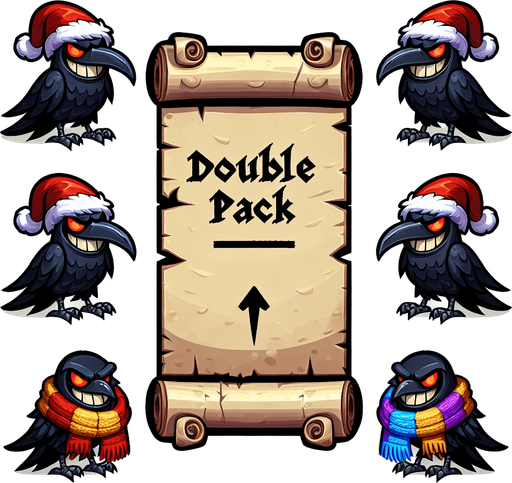 a pergament letter with the name "double pack". It has two evil smiling ravens with christmas hats and colorful scarves. vertical. Single Game Texture. In-Game asset. 2d. Blank background. High contrast. No shadows.