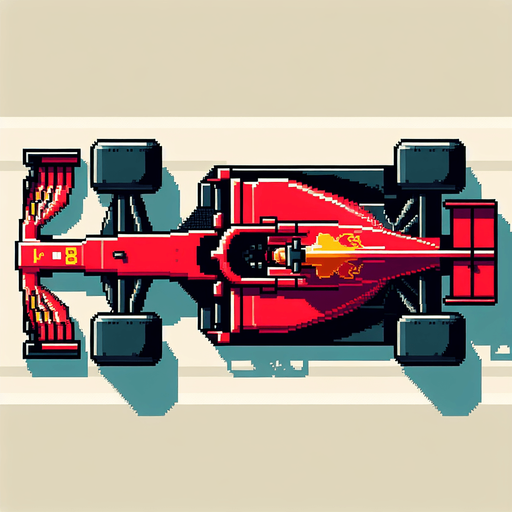 Piksel sanatı formula arabası kırmızı kuş bakışı.
Single Game Texture.  In-Game asset.  2d.  Blank background.  High contrast.  No shadows