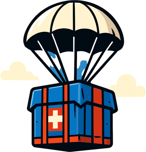 pubg gibi oyunlarda olan gökyüzünden düşen sağlık paketi çiz.
In-Game asset.  2d.  High contrast.  No shadows