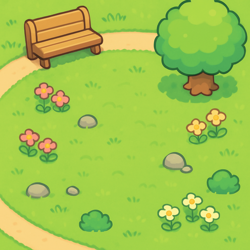 Draw a chibi-style top-down (bird's-eye view) park field. The scene should be cute and colorful, with soft, rounded shapes typical of chibi environments. Include details like small patches of flowers, tiny rocks, and gentle variations in the grass. The overall style should be whimsical and simple, with clean lines and a bright, cheerful color palette.
In-Game asset.  2d.  High contrast.  No shadows
