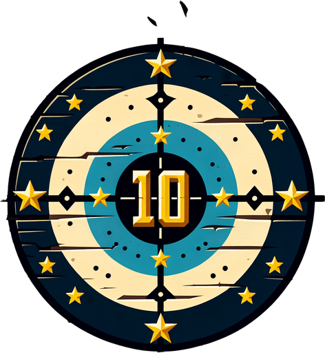 western shooting target with 10 written on it..
Single Game Texture. In-Game asset. 2d. Blank background. High contrast. No shadows.