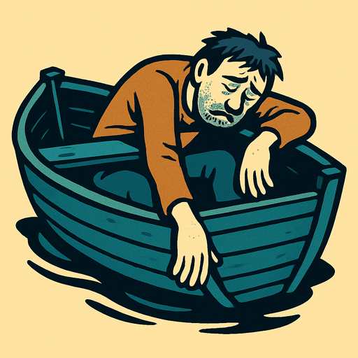 a boat and an exhausted man in it.
In-Game asset.  2d.  High contrast.  No shadows