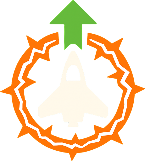 Symbol for space ship upgrade nova force field around it, with an white spaceship and orange electric circle surrounding it and an green arrow pointing up.
In-Game asset.  2d.  High contrast.  No shadows
