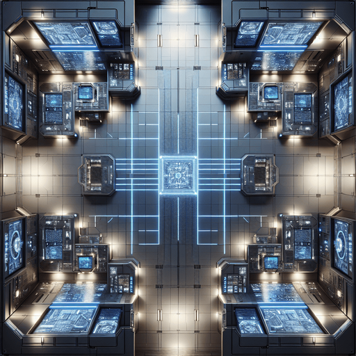 A high-tech command center with a glowing grid floor and sleek metallic walls. The room is viewed from directly above and has open entrances centered in the middle of each wall (top, bottom, left, and right) for easy transitions. Neon lights and holographic screens line the walls, casting a blue glow..
Full-frame, top-down view of a futuristic command center. Glowing grid floor, metallic walls, neon lights. Open entrances centered on each wall: top, bottom, left, and right. Blue glow, no perspective distortion.
