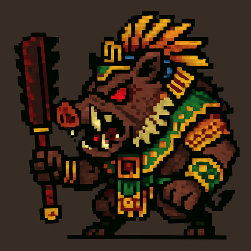 Genérame una Pecari de collar guerrero azteca con eso patrones, estilo pixelar, con una apariencia maligna, ojos rojos, rabioso. Unidad cuerpo a cuerpo.
In-Game asset.  2d.  High contrast.  No shadows