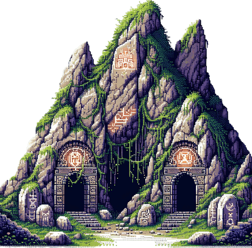 Create an 8-bit pixelated entrance to a mystical cave-like dungeon with two distinct, rugged doorways carved into a mountainside. The scene should have an ancient, mysterious atmosphere, with overgrown vines and faintly glowing symbols etched into the stone..
Single Game Texture. In-Game asset. 2d. Blank background. High contrast. No shadows.