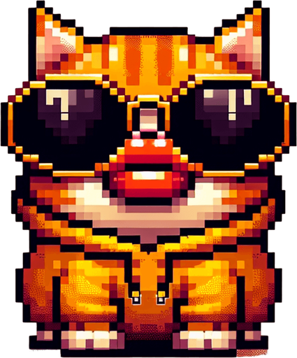The character in the image is now envisioned as a pixel-art masterpiece, akin to a legendary golden NFT. This orange tabby cat, with its distinct stripes, is brought to life using a luxurious palette of golden and orange square pixels. The round face is accentuated by large, black pixels for eyes, shielded by opulent, oversized, round, dark opaque sunglasses crafted from golden pixels. The cat's signature, exaggerated red pout, resembling a duck's bill, is rendered in a rich, golden hue, stretching across the entire width of its face, adding to its rarity and allure. The body, deliberately smaller in pixel size compared to its head, is designed to enhance the character's cute, chubby appearance, all in golden tones to emphasize its legendary status. Adorned in a simple, light-colored hoodie with a golden pixelated drawstring, the cat sits with its paws visible in front, maintaining a relaxed posture. This creation, with its playful and whimsical pixel art style, embodies the essence of a luxurious and rare digital collectible, perfect for a high-value NFT mascot or a character in an exclusive digital children's book..
Single Game Texture. In-Game asset. 2d. Blank background. High contrast. No shadows.