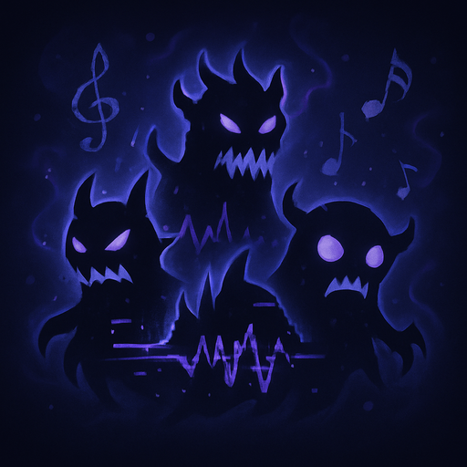 Design an icon for a button labeled "Enemies" in a fantasy tower defense game set in a haunted concert hall. The icon should represent the chaotic and musical nature of the enemies.

Show a cluster of stylized enemy silhouettes made of shadow, glitchy waveforms, or cracked musical notes. They should look menacing but stylized, like abstract creatures of sound and dissonance.

Use a dark, slightly glowing background (deep purple, blue, or smoky black) with subtle magical accents—floating broken clefs, static, or distortion.

Icon must be square (256×256 px), clean, and readable at small sizes.
Avoid text—use only imagery.
Style: semi-flat or digitally painted fantasy UI, consistent with an elegant but eerie orchestral theme..
In-Game asset.  2d.  High contrast.  No shadows