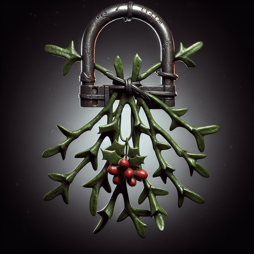 eerie christmas inspired mistletoe lock with a resident evil style.
Single Game Texture. In-Game asset. 2d. Blank background. High contrast. No shadows.