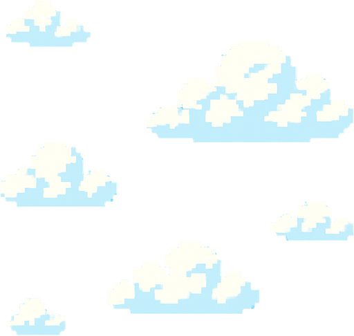 El cielo debe ser un fondo claro y agradable, de color azul celeste con un suave degradado hacia un azul más claro en la parte inferior, acompañado de algunas nubes blancas esponjosas flotando lentamente para dar una sensación de movimiento y vida; todo en pixel art, sin muchos detalles, con un ambiente brillante, alegre y apto para un juego casual visualmente amigable..
In-Game asset.  2d.  High contrast.  No shadows