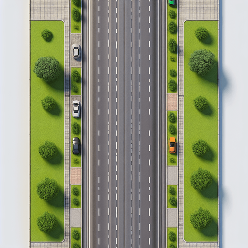 single large vertical road with no vehicles. similar to road fighter. grey color with pavement and grass on the side. orthographic top view.