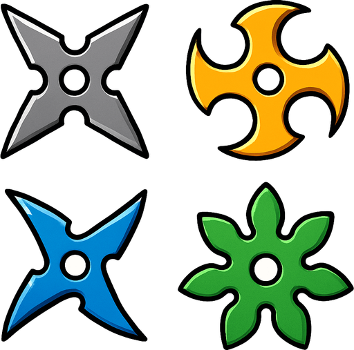 Pack of different ninja star. different color. HD colors.
In-Game asset.  2d.  High contrast.  No shadows