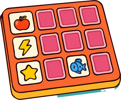 a cartoon style 3d image of a memory match board game with some cards face up and some cards face down..
In-Game asset.  2d.  High contrast.  No shadows