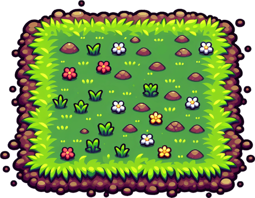 Horizontal ground sprite sheet. Grass and dirt. Sideways. Flowers
Single Game Texture.  In-Game asset.  2d.  Blank background.  High contrast.  No shadows