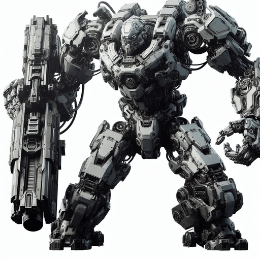 a gray transformer with a gun as one of his hands.
Single Game Texture.  In-Game asset.  2d.  Blank background.  High contrast.  No shadows