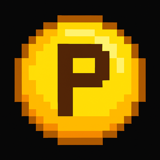 Esfera amarilla con la letra P , pixelart.
In-Game asset.  2d.  High contrast.  No shadows