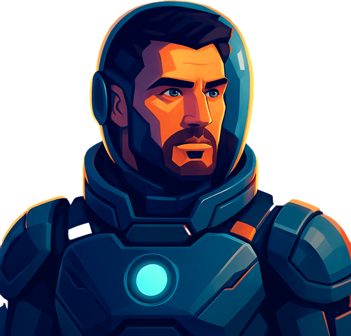 Front-facing icon, Fullscreen modern App Store art style with futuristic male colonist, 16:9, high definition.  No text captions!