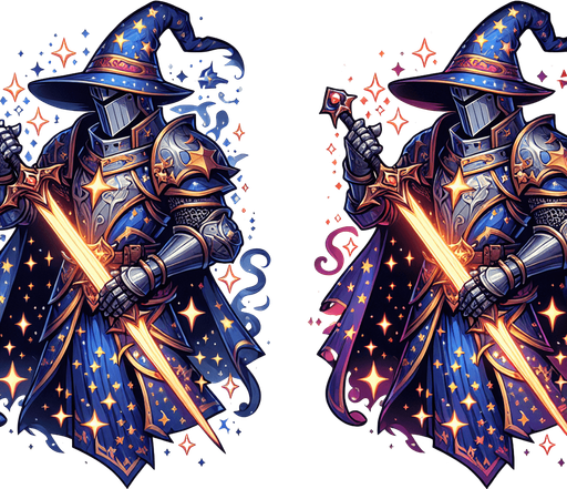 Heroic wizard knight wearing knight armor with a star pattern and wielding a sword..
Single Game Texture. In-Game asset. 2d. Blank background. High contrast. No shadows.