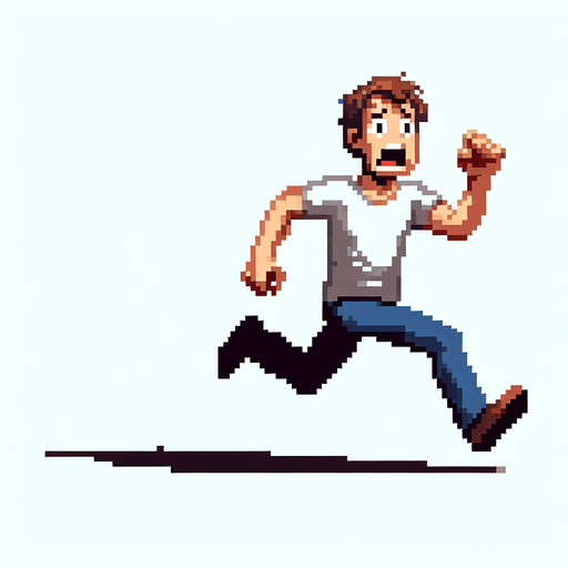 Pixel art,  Frightened adult running away scared..
Single Game Texture. In-Game asset. 2d. Blank background. High contrast. No shadows.