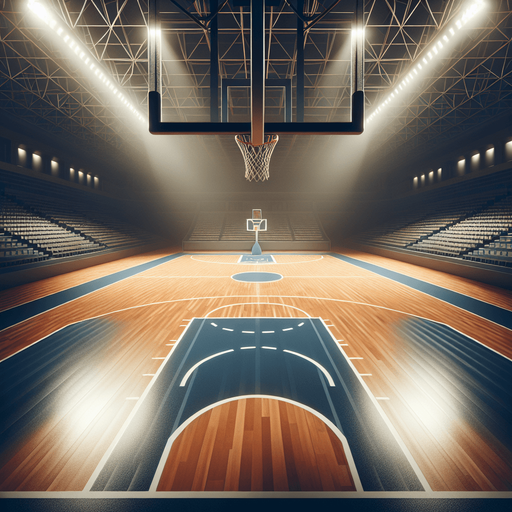 篮球场，写实风格，视角是站在篮球场中心看向其中一个篮筐，在体育馆内.
Single Game Texture. In-Game asset. 2d. Blank background. High contrast. No shadows.