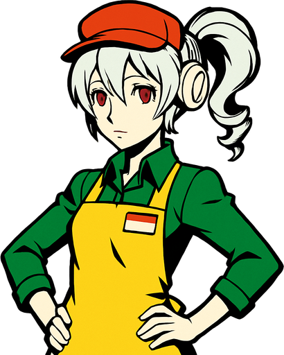 Labrys personaje de Persona 4 Arena con ropa de tendera..
In-Game asset.  2d.  High contrast.  No shadows