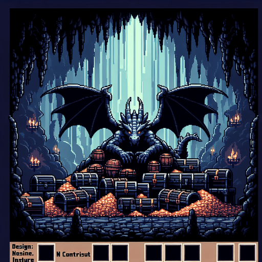 artistic background of the inside the depths of an unlit dark cave filled with a variety of treasures, and a dragon sleeping over a massive pile of treasure chests at its heart. pixelated. 8-bit.
Single Game Texture. In-Game asset. 2d. Blank background. High contrast. No shadows.