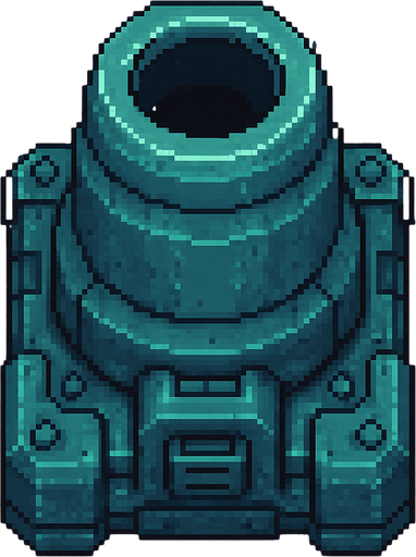 top down sci-fi fat barrel cannon, teal metal, pixel art