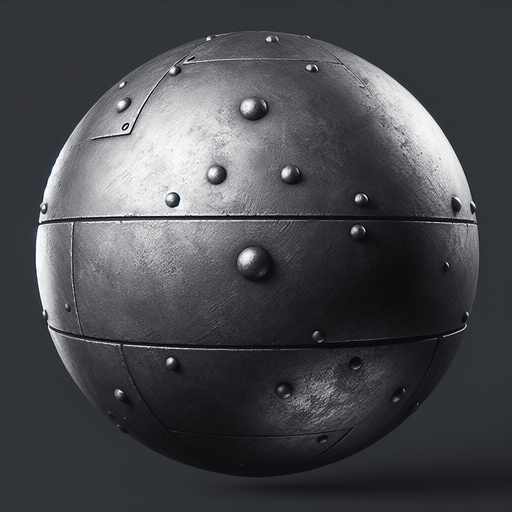 Una esfera de hierro.
Single Game Texture.  In-Game asset.  2d.  Blank background.  High contrast.  No shadows