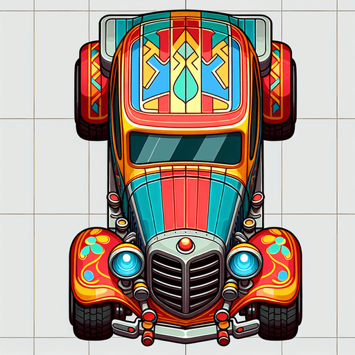car top view design like in children's cartoons image.
Single Game Texture. In-Game asset. 2d. Blank background. High contrast. No shadows.