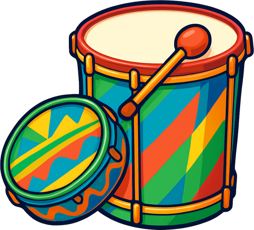 A bright, cartoon-style illustration of Brazilian samba drums including a tamborim and surdo, decorated with carnival colors. Transparent rounded background PNG, optimized for game asset..
In-Game asset.  2d.  High contrast.  No shadows