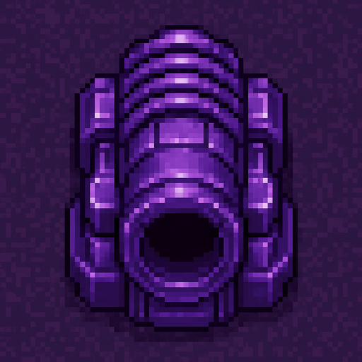 top down sci-fi fat barrel cannon with ridges, purple metal, pixel art