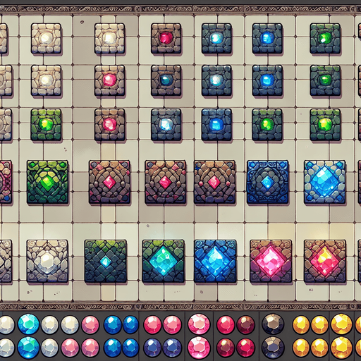 A spritesheet with different mystical floor tiles from a magical realm, each inlaid with bright gemstones of different colors. The tiles should be in the same basic style, with either a granite or other rock basis beneath the gemstones. The spriteshett should be laid out in a rectangular grid with empty space between each tile. The following colors of gemstones must be present: white, pink, green, red, blue, yellow, purple, brown, gray and orange.
Single Game Texture. In-Game asset. 2d. Blank background. High contrast. No shadows.